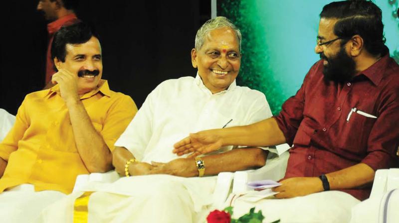 Education minister Prof C Ravindranath, Kalamandalam Gopi and tourism minister Kadakampally Surendran at the 'Haritham' programme being held as a part of 80th birthday anniversary of Mr Gopi on Sunday in Thrissur. (Photo: DC) Education minister Prof C Ravindranath, Kalamandalam Gopi and tourism minister Kadakampally Surendran at the 'Haritham' programme being held as a part of 80th birthday anniversary of Mr Gopi on Sunday in Thrissur. (Photo: DC)