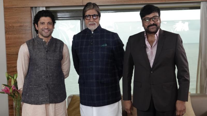 Farhan Akhtar with legendary actors Amitabh Bachchan and Chiranjeevi. Farhan Akhtar with legendary actors Amitabh Bachchan and Chiranjeevi.