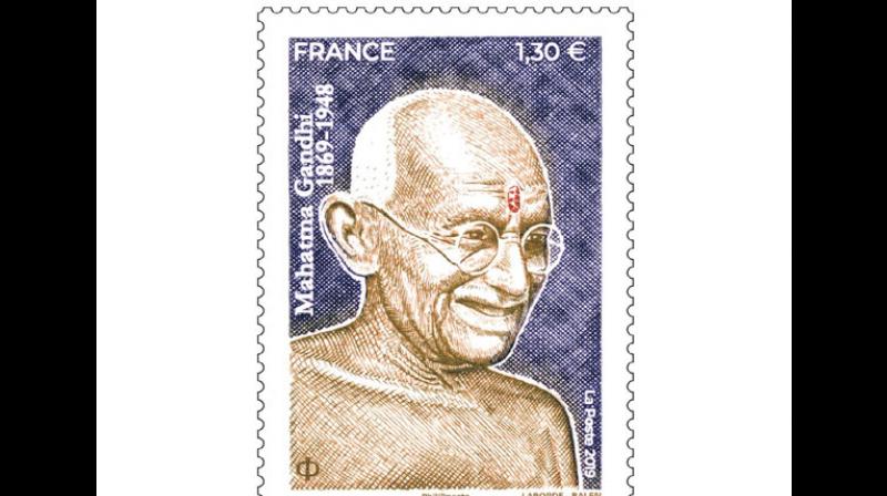 A postage stamp bearing the image of Mahatma Gandhi. (Photo: ANI) A postage stamp bearing the image of Mahatma Gandhi. (Photo: ANI)