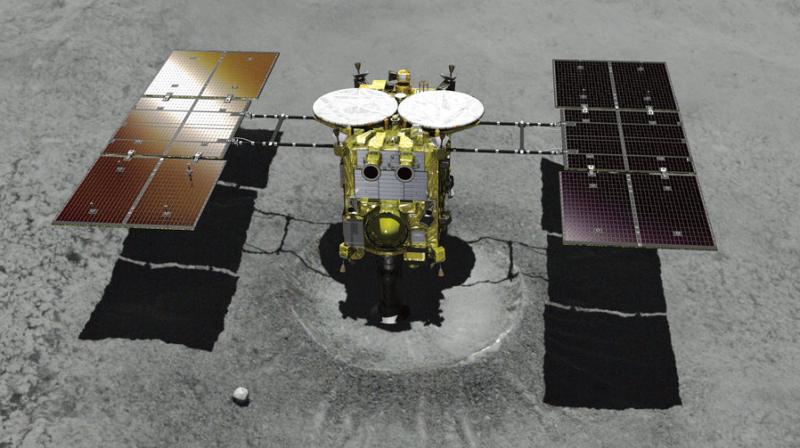 The computer graphics image provided by the Japan Aerospace Exploration Agency (JAXA) shows asteroid explorer Hayabusa2 landing on a crater that it made. (Photo: AP) The computer graphics image provided by the Japan Aerospace Exploration Agency (JAXA) shows asteroid explorer Hayabusa2 landing on a crater that it made. (Photo: AP)