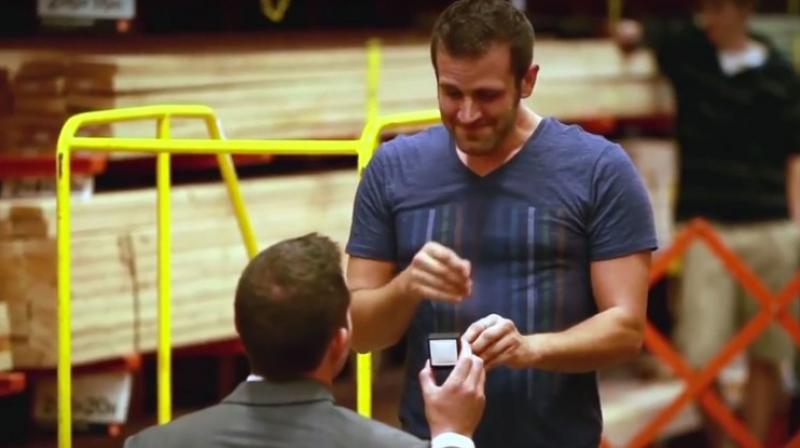 The Hallmark ad shows a glimpse from lovers Spencer Stout and Dustin Reeser engagement that went viral on the internet recently. (Credit: YouTube) The Hallmark ad shows a glimpse from lovers Spencer Stout and Dustin Reeser engagement that went viral on the internet recently. (Credit: YouTube)
