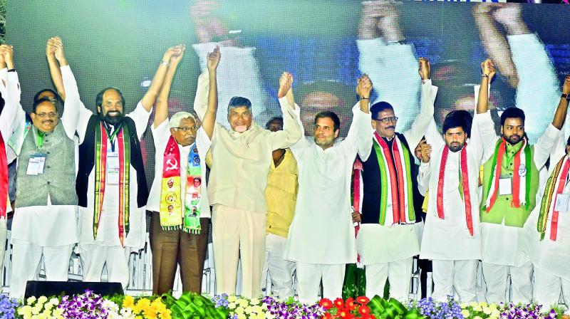 Congress president Rahul Gandhi, TPCC chief Uttam Kumar Reddy and AP Chief Minister N. Chandrababu Naidu and leaders of Prajakutami at a public meeting in Ameerpet on Wednesday. Congress president Rahul Gandhi, TPCC chief Uttam Kumar Reddy and AP Chief Minister N. Chandrababu Naidu and leaders of Prajakutami at a public meeting in Ameerpet on Wednesday.