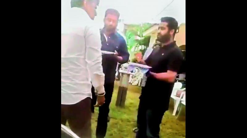 Balakrishna having lunch with his two nephews — Kalyanram and Jr NTR. Balakrishna having lunch with his two nephews — Kalyanram and Jr NTR.