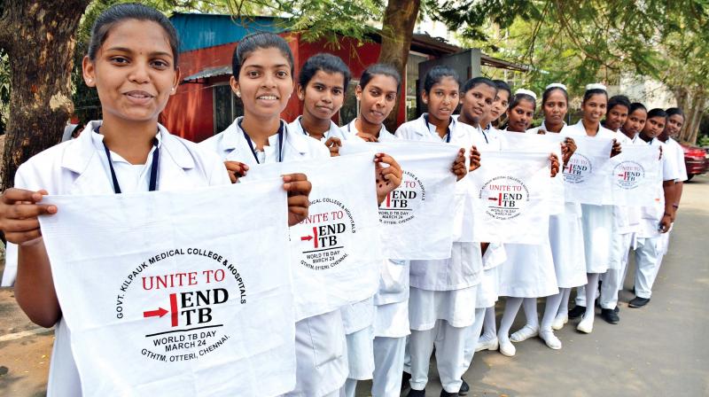 Medical college and nursing students at Kilpauk Medical College and Hospital participate in a rally to create awareness on treatment of Tuberculosis to mark World TB day on Friday. —DC Medical college and nursing students at Kilpauk Medical College and Hospital participate in a rally to create awareness on treatment of Tuberculosis to mark World TB day on Friday. —DC