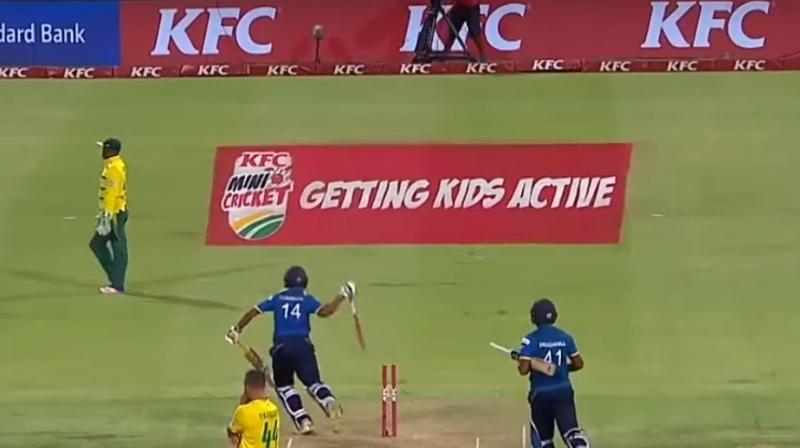 The batsman miscalculated and started celebrating Sri Lanka’s win with one run still required. (Photo: Screengrab) The batsman miscalculated and started celebrating Sri Lanka’s win with one run still required. (Photo: Screengrab)