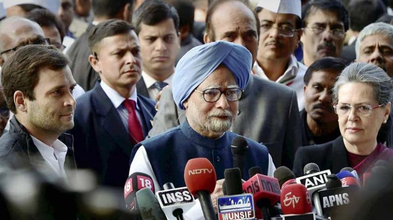Congress president Sonia Gandhi, vice president Rahul Gandhi and former Prime Minister Manmohan Singh. (Photo: PTI) Congress president Sonia Gandhi, vice president Rahul Gandhi and former Prime Minister Manmohan Singh. (Photo: PTI)