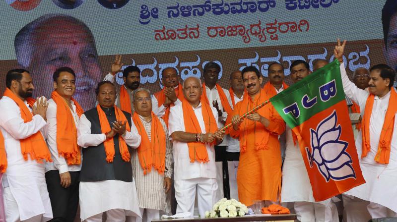 Nalin Kumar Kateel takes charge as BJP state president in the presence of CM B.S. Yediyurappa and state BJP Leaders during a programme at the BJP office in Bengaluru on Tuesday Nalin Kumar Kateel takes charge as BJP state president in the presence of CM B.S. Yediyurappa and state BJP Leaders during a programme at the BJP office in Bengaluru on Tuesday