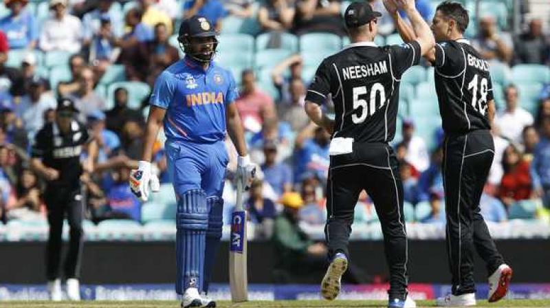 India, in imperious form, registered a 4-1 victory in the one-day series and prevailed 2-1 in the Twenty20 Internationals in New Zealand earlier this year. Rohit Sharma is walking bakc to pavilion after being dismissed by Trent Boult during India versus New Zealand World Cup Warm up match. (Photo:AFP) India, in imperious form, registered a 4-1 victory in the one-day series and prevailed 2-1 in the Twenty20 Internationals in New Zealand earlier this year. Rohit Sharma is walking bakc to pavilion after being dismissed by Trent Boult during India versus New Zealand World Cup Warm up match. (Photo:AFP)