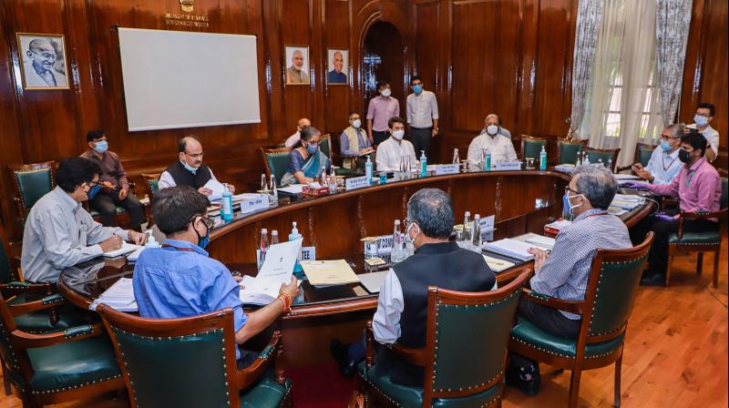 Finance Ministers Nirmala Sitharaman with Minister of State Anurag Thakur chairs the 42nd GST Council meeting via video conferencing in New Delhi. PTI Photo