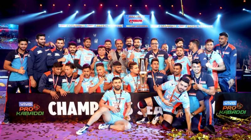 A clinical Bengal Warriors on Saturday clinched their maiden Pro Kabaddi League title by defeating Dabang Delhi 39-34 in a pulsating summit clash in Ahmedabad. (Photo: Bengal Warriors Twitter) A clinical Bengal Warriors on Saturday clinched their maiden Pro Kabaddi League title by defeating Dabang Delhi 39-34 in a pulsating summit clash in Ahmedabad. (Photo: Bengal Warriors Twitter)
