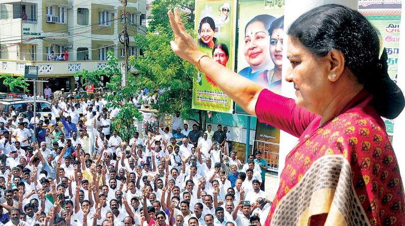 AIADMK general secretary V.K. Sasikala greets the party workers at the AIADMK headquarters on Wednesday. (Photo: N. Sampath) AIADMK general secretary V.K. Sasikala greets the party workers at the AIADMK headquarters on Wednesday. (Photo: N. Sampath)