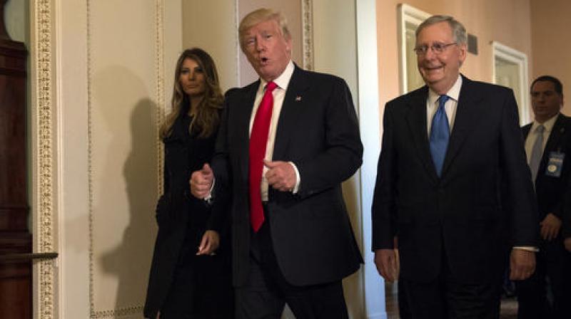 US President-elect Donald Trump, accompanied by his wife Melania, and Senate Majority Leader Mitch McConnell of Ky., gestures while walking on Capitol Hill in Washington. (Photo: AP) US President-elect Donald Trump, accompanied by his wife Melania, and Senate Majority Leader Mitch McConnell of Ky., gestures while walking on Capitol Hill in Washington. (Photo: AP)