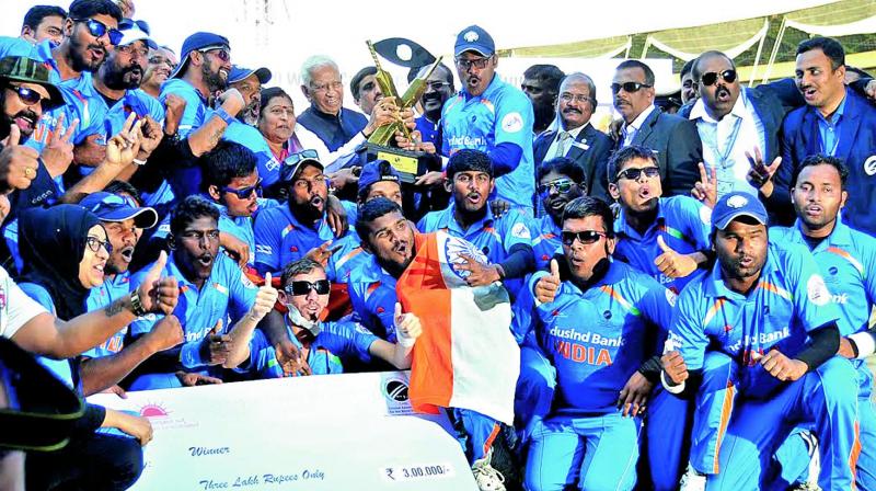 The Indian men’s blind cricket team celebrate winning the T20 World Cup after beating Pakistan in the final at Bengaluru on Sunday (Photo: B. SHASHIDHAR) The Indian men’s blind cricket team celebrate winning the T20 World Cup after beating Pakistan in the final at Bengaluru on Sunday (Photo: B. SHASHIDHAR)