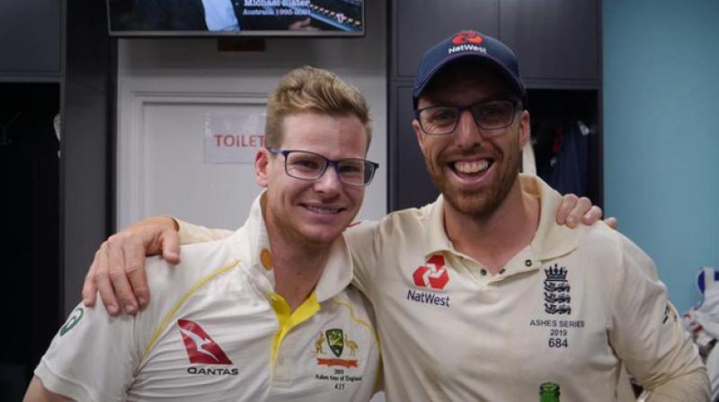 As the Ashes came to an end, Australia's batsman Steve Smith and England's spinner Jack Leach posed for a picture inside the dressing room. (Photo: ECB/Twitter) As the Ashes came to an end, Australia's batsman Steve Smith and England's spinner Jack Leach posed for a picture inside the dressing room. (Photo: ECB/Twitter)