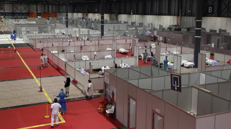 A general view a temporary field hospital set at Ifema convention and exhibition of in Madrid, Spain, Thursday, April 2, 2020. The new coronavirus causes mild or moderate symptoms for most people, but for some, especially older adults and people with existing health problems, it can cause more severe illness or death. (AP Photo)