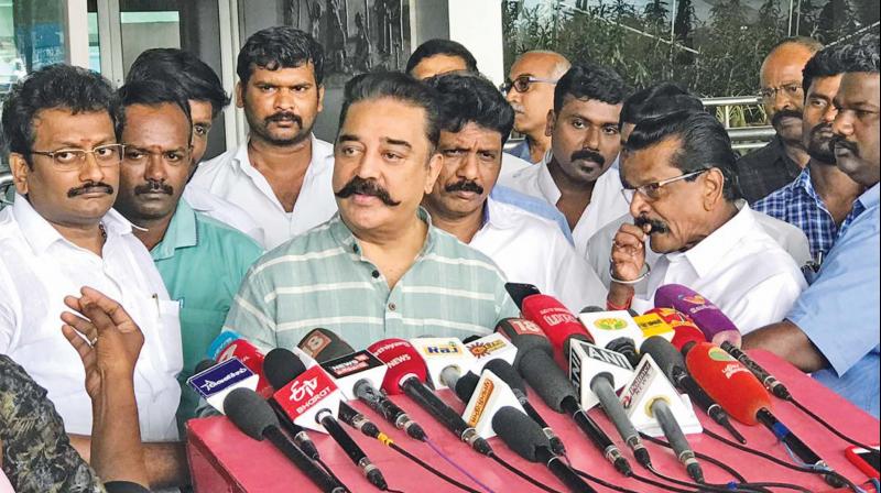 MNM president Kamal Haasan, addressing the media at Chennai airport on Monday. (Photo: DC) MNM president Kamal Haasan, addressing the media at Chennai airport on Monday. (Photo: DC)