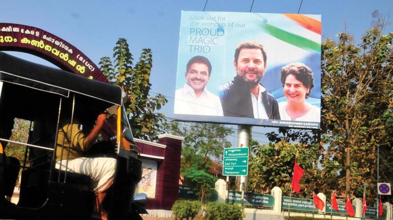 A huge cutout at LMS Junction in Thiruvananthapuram shows CWC leader K. C. Venugopal along with Congress president Rahul Gandhi and AICC general secretary Priyanka Gandhi. –A.V. MUZAFAR A huge cutout at LMS Junction in Thiruvananthapuram shows CWC leader K. C. Venugopal along with Congress president Rahul Gandhi and AICC general secretary Priyanka Gandhi. –A.V. MUZAFAR
