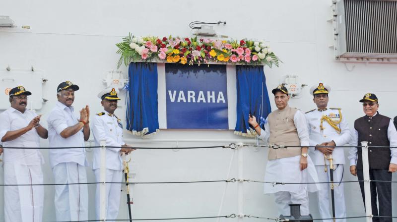Defence Minister Rajnath Singh unveils a plaque commemorating the commissioning of the state-of-the-art ICGS offshore patrol vessel 'Varaha' at the Chennai Port Trust on Wednesday. (DC) Defence Minister Rajnath Singh unveils a plaque commemorating the commissioning of the state-of-the-art ICGS offshore patrol vessel 'Varaha' at the Chennai Port Trust on Wednesday. (DC)