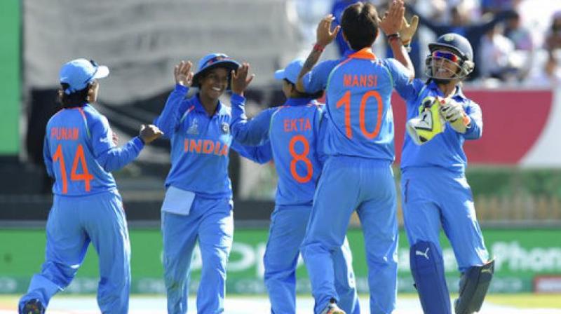 Indian cricketers celebrate the fall of the last wicket Pakistan captain Sana Mir during the ICC Women's World Cup 2017 match between India and Pakistan at County Ground in Derby, England. (Photo: AP) Indian cricketers celebrate the fall of the last wicket Pakistan captain Sana Mir during the ICC Women's World Cup 2017 match between India and Pakistan at County Ground in Derby, England. (Photo: AP)