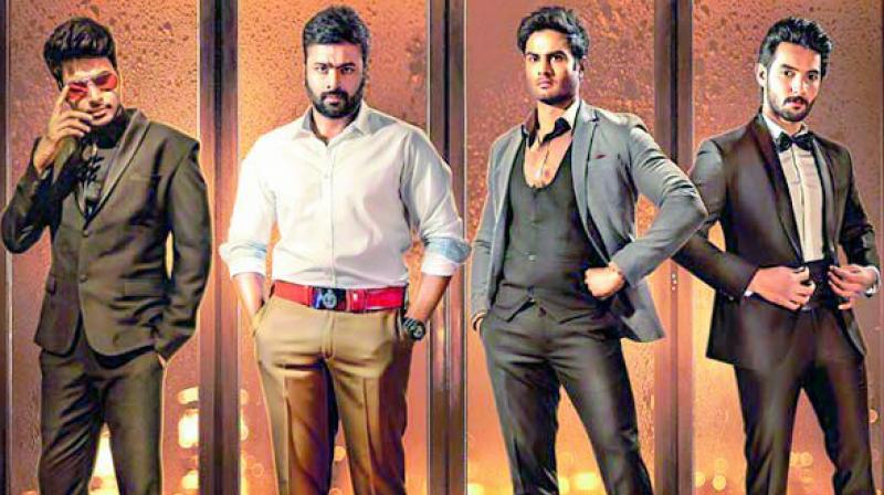 Sundeep Kishan, Nara Rohit, Sudheer Babu and Aadi on the poster of the movie Shamantakamani Sundeep Kishan, Nara Rohit, Sudheer Babu and Aadi on the poster of the movie Shamantakamani