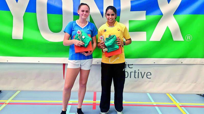 Jakka Vaishnavi Reddy (right) and Vivien Sandorhazi of Hungary pose with their trophies at the Yonex Belgian Junior badminton tournament conducted by the Belgian Badminton Federation in Herstal, Belgium. Jakka Vaishnavi Reddy (right) and Vivien Sandorhazi of Hungary pose with their trophies at the Yonex Belgian Junior badminton tournament conducted by the Belgian Badminton Federation in Herstal, Belgium.