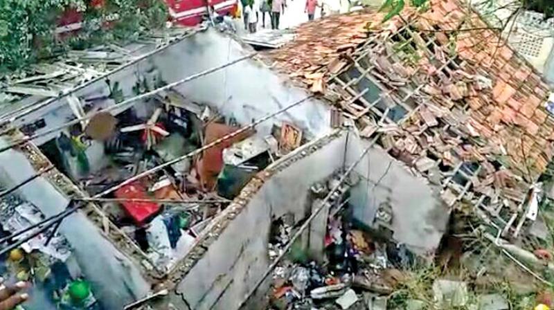 Aerial view of the two houses damaged in the illegal cracker unit blast in Kancheepuram on Sunday(Photo: DC) Aerial view of the two houses damaged in the illegal cracker unit blast in Kancheepuram on Sunday(Photo: DC)