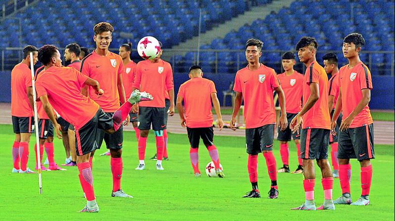 Members of the Indian team at a training session at the Jawaharlal Nehru Stadium in New Delhi on Thursday, the eve of their Under-17 World Cup opening match against USA (Photo: Pritam Bandyopadhyay) Members of the Indian team at a training session at the Jawaharlal Nehru Stadium in New Delhi on Thursday, the eve of their Under-17 World Cup opening match against USA (Photo: Pritam Bandyopadhyay)