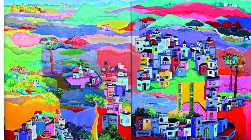 The mixed media works imbibe myriad, iridescently hued sections that are intricately rendered. The mixed media works imbibe myriad, iridescently hued sections that are intricately rendered.