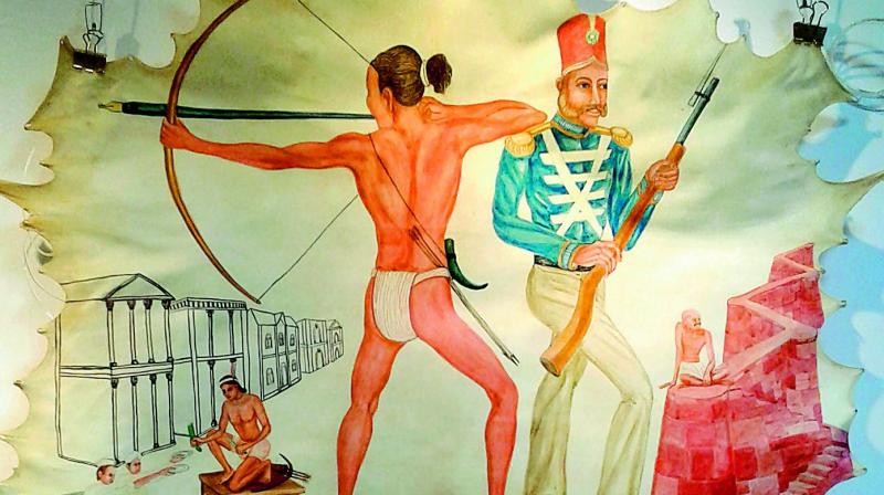 The usage of goat skin as the base in Subodh’s artworks denotes power and manipulation The usage of goat skin as the base in Subodh’s artworks denotes power and manipulation