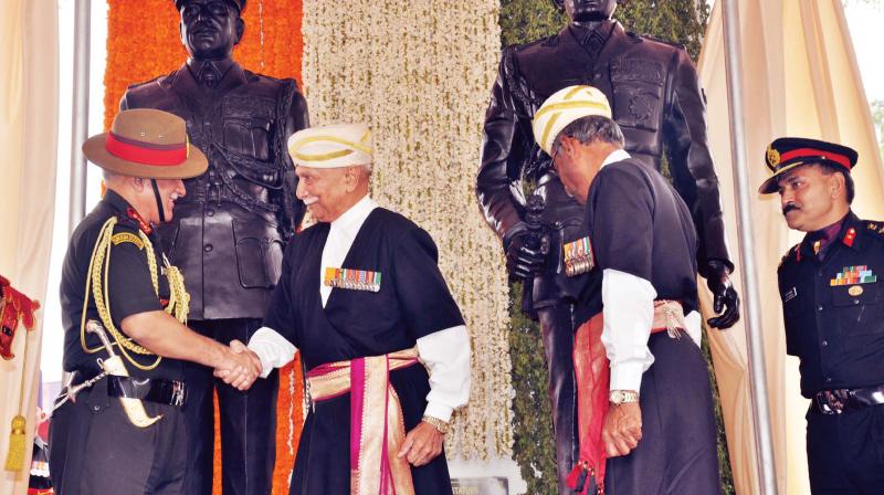 Kodava ex-servicemen greet Army chief Gen Bipin Rawat who unveiled the statues of Field Marshal K.M. Cariappa and General K.S. Thimayya at Cauvery College at Gonikoppa in South Kodagu on Saturday (Photo: KPN) Kodava ex-servicemen greet Army chief Gen Bipin Rawat who unveiled the statues of Field Marshal K.M. Cariappa and General K.S. Thimayya at Cauvery College at Gonikoppa in South Kodagu on Saturday (Photo: KPN)