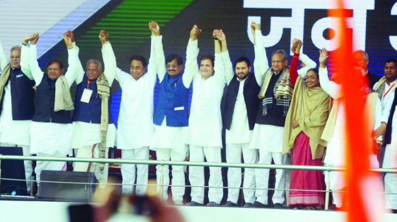 Congress president Rahul Gandhi, Madhya Pradesh chief minister Kamal Nath, Rajasthan chief minister Ashok Gehlot, Chhattisgarh chief minister Bhupesh Baghel and alliance leaders during 'Jan Akanksha Rally' at Gandhi Maidan in Patna. Congress president Rahul Gandhi, Madhya Pradesh chief minister Kamal Nath, Rajasthan chief minister Ashok Gehlot, Chhattisgarh chief minister Bhupesh Baghel and alliance leaders during 'Jan Akanksha Rally' at Gandhi Maidan in Patna.