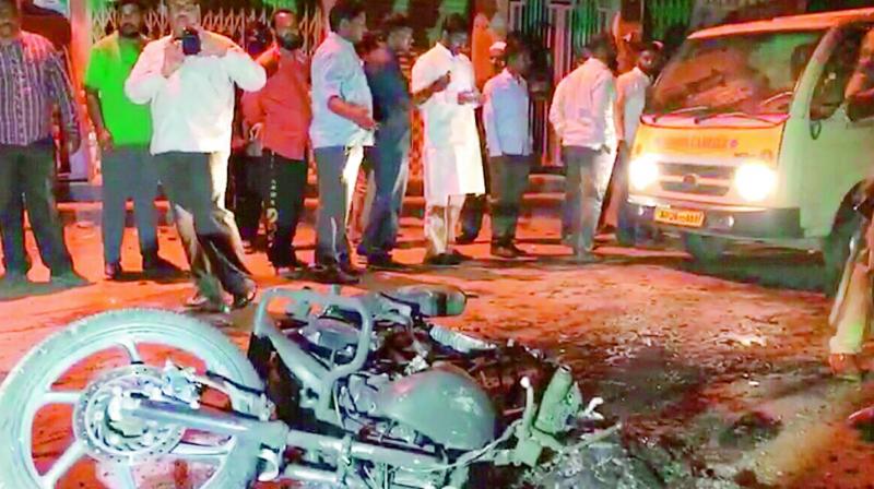 The police bike that was burnt during the violence at Sriramnagar on Tuesday by the relatives of murdered rowdy-sheeter Aamir Ali Khan. The police bike that was burnt during the violence at Sriramnagar on Tuesday by the relatives of murdered rowdy-sheeter Aamir Ali Khan.