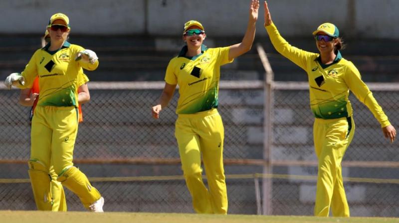 Australian eves celebrate after dismissing India's Jemimah Rodriguez. (Photo: BCCI) Australian eves celebrate after dismissing India's Jemimah Rodriguez. (Photo: BCCI)