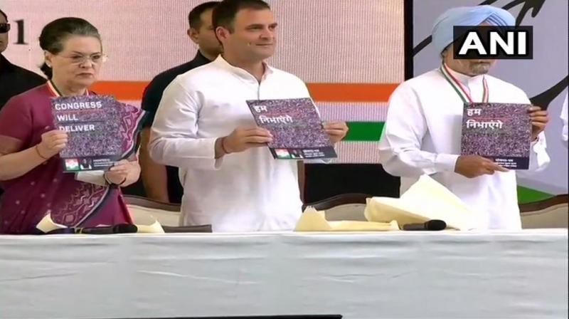 The manifesto document was released by Congress president Rahul Gandhi and all top party leaders, including former prime minister Manmohan Singh, Sonia Gandhi, P Chidambaram, present at the party’s Akbar Road headquarters in Delhi. (Photo: ANI) The manifesto document was released by Congress president Rahul Gandhi and all top party leaders, including former prime minister Manmohan Singh, Sonia Gandhi, P Chidambaram, present at the party’s Akbar Road headquarters in Delhi. (Photo: ANI)