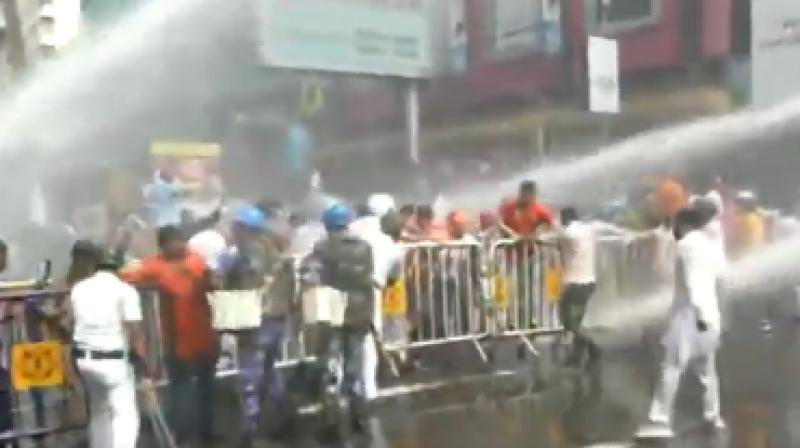 The police used water cannons, tear gas and barricades to stop the protesters when they turned violent. (Photo: Twitter | ANI) The police used water cannons, tear gas and barricades to stop the protesters when they turned violent. (Photo: Twitter | ANI)