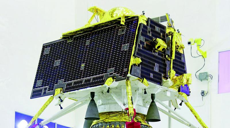 Vikram lander mounted on top of the orbiter of Chandrayaan-2 Vikram lander mounted on top of the orbiter of Chandrayaan-2