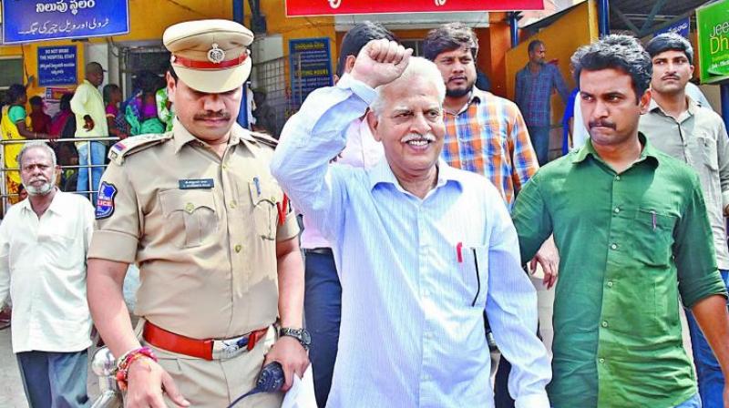 Attempting to protest against the arrest of poet P. Varavara Rao, at Ambedkar statue on lower tank bund on Wednesday. Attempting to protest against the arrest of poet P. Varavara Rao, at Ambedkar statue on lower tank bund on Wednesday.