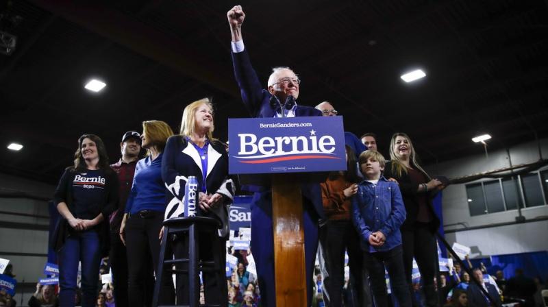 Democratic presidential candidate Sen. Bernie Sanders, I-Vt., accompanied by his wife Jane OMeara Sanders and other family members, speaks during a primary night election rally in Essex Junction, Vermont. AP Photo