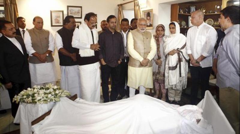 Prime Minister Narendra Modi with M Venkaiah Naidu, Rajnath Singh and other dignitaries while paying their last respects to IUML MP from Kerala E Ahamed at his residence in New Delhi on Wednesday. (Photo: PTI) Prime Minister Narendra Modi with M Venkaiah Naidu, Rajnath Singh and other dignitaries while paying their last respects to IUML MP from Kerala E Ahamed at his residence in New Delhi on Wednesday. (Photo: PTI)