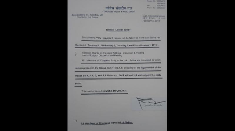 The whip issued by the Congress Party on Sunday. (Photo: ANI) The whip issued by the Congress Party on Sunday. (Photo: ANI)