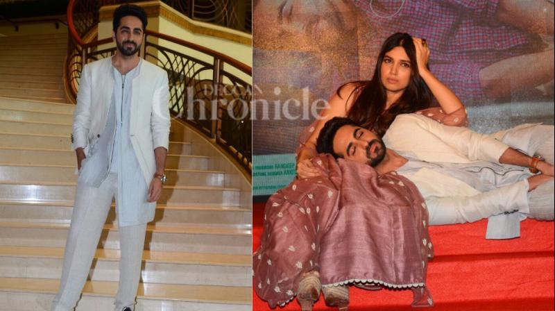 Ayshmann Khurrana looked dapper in an all-white ensemble. (R) He is seen lazing with his on-screen ladylove Bhumi Pednekar at the trailer launch of 'Shubh Mangal Saavdhan'. Ayshmann Khurrana looked dapper in an all-white ensemble. (R) He is seen lazing with his on-screen ladylove Bhumi Pednekar at the trailer launch of 'Shubh Mangal Saavdhan'.