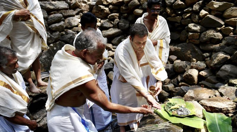 Congress President Rahul Gandhi offers prayers at Thirunelli Temple ahead of Lok Sabha elections, in Wayanad district on Wednesday. (PTI) Congress President Rahul Gandhi offers prayers at Thirunelli Temple ahead of Lok Sabha elections, in Wayanad district on Wednesday. (PTI)