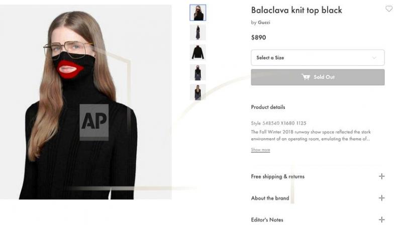 A screenshot taken from an online fashion outlet showing the Gucci turtleneck black sweater for sale, that Gucci had to pull back from their online and physical stores . (Photo: AP) A screenshot taken from an online fashion outlet showing the Gucci turtleneck black sweater for sale, that Gucci had to pull back from their online and physical stores . (Photo: AP)