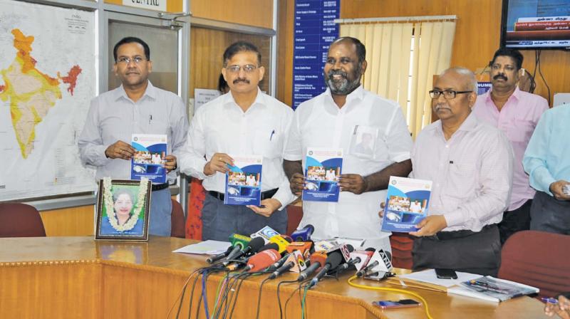 State Revenue minister R. B. Udayakumar launching the manual on disaster management ahead of the Northeast Monsoon, in the city on Sunday. Senior officials are also seen. (DC) State Revenue minister R. B. Udayakumar launching the manual on disaster management ahead of the Northeast Monsoon, in the city on Sunday. Senior officials are also seen. (DC)