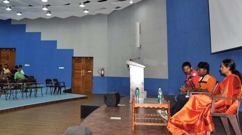 Chinju Ashwathy, a transgender speaks during the 'Let's talk LGBT' programme organised by Government Medical College students' union on Tuesday. (Photo: DC) Chinju Ashwathy, a transgender speaks during the 'Let's talk LGBT' programme organised by Government Medical College students' union on Tuesday. (Photo: DC)