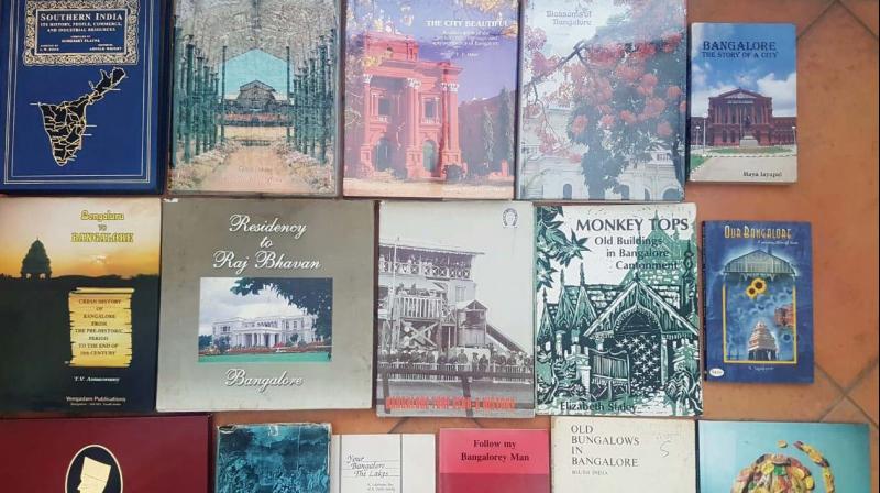 His collection of books on Bengaluru’s history. His collection of books on Bengaluru’s history.