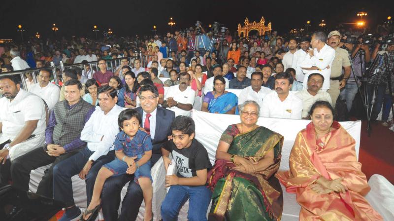 Chairperson of Infosys Foundation Sudha Murty watches a police band performance in Mysuru on Sunday (Photo:KPN) Chairperson of Infosys Foundation Sudha Murty watches a police band performance in Mysuru on Sunday (Photo:KPN)
