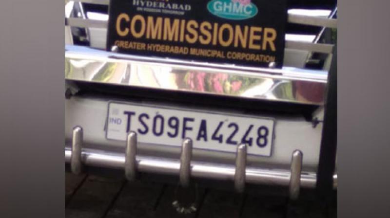The user attached an image of the number plate of the GHMC Chief's vehicle. (Photo: ANI) The user attached an image of the number plate of the GHMC Chief's vehicle. (Photo: ANI)