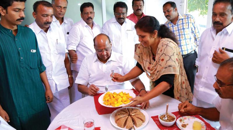 Sheeba Jimmy, wife of late NCP leader Jimmy George, serves food to Sharad Pawar at Jimmy’s residence at Kollad in Kottayam on Saturday. (Photo: Rajeev Prasad) Sheeba Jimmy, wife of late NCP leader Jimmy George, serves food to Sharad Pawar at Jimmy’s residence at Kollad in Kottayam on Saturday. (Photo: Rajeev Prasad)