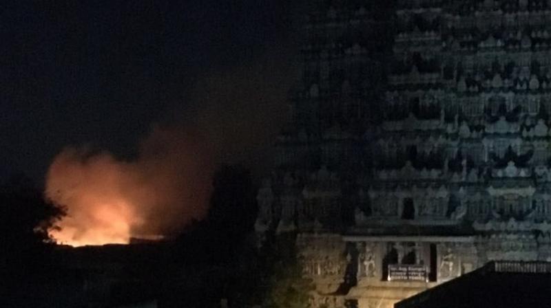 Temple authorities ruled out any sabotage and said electrical short circuit in one of the shops selling pooja articles caused the fire. (Photo: ANI/Twitter) Temple authorities ruled out any sabotage and said electrical short circuit in one of the shops selling pooja articles caused the fire. (Photo: ANI/Twitter)